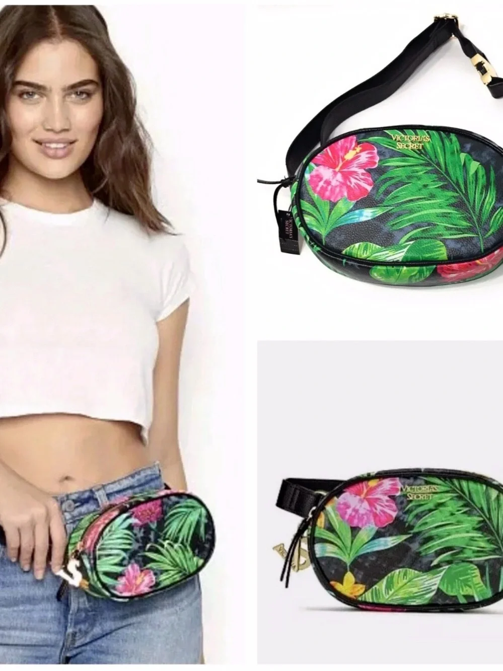 Victoria Secret Black Floral Tropical Crossbody Belt Bag